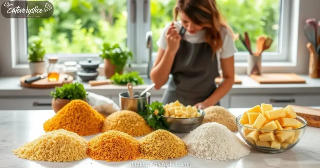 A variety of polenta types and flour arranged on a kitchen counter, with a chef preparing ingredients in the background.