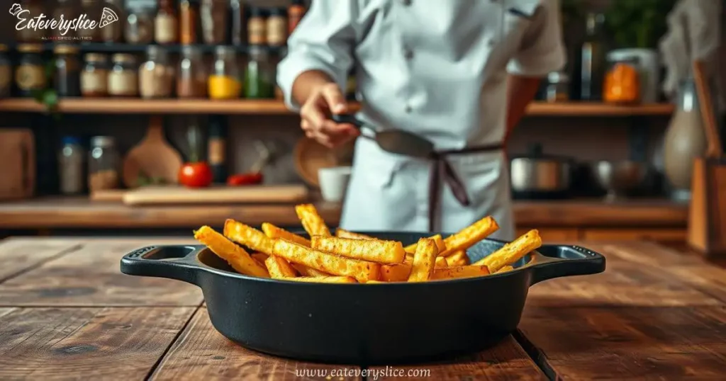 A chef preparing golden polenta fries in a black baking dish, set on a rustic wooden table in a cozy kitchen.