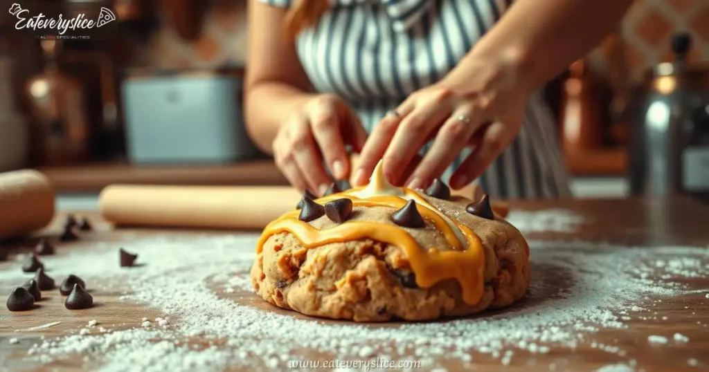 Golden-brown cannoli chocolate chip cookie with drizzled cannoli cream, crafted in a cozy kitchen with terracotta tiles, copper cookware, and warm lighting.