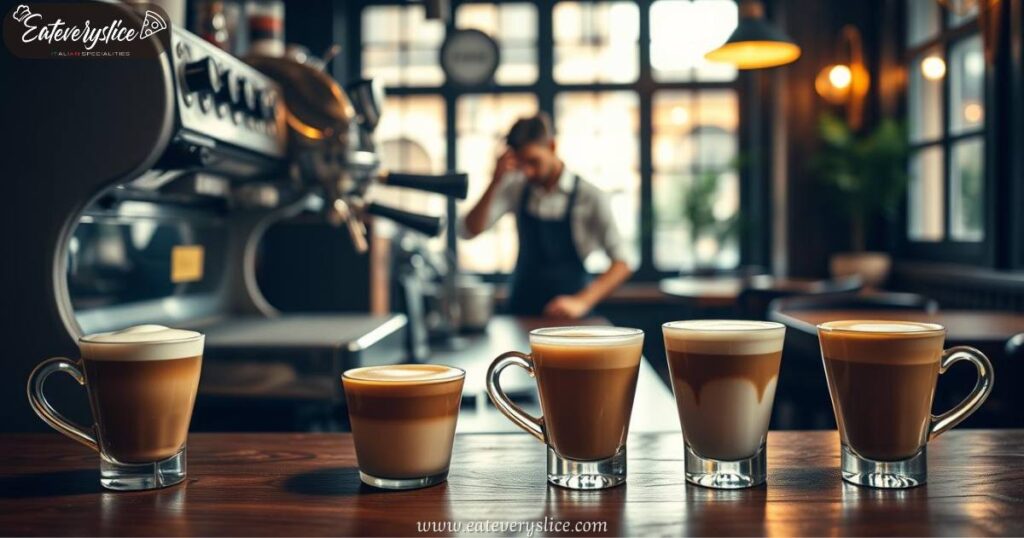 A cozy Italian café featuring a vintage espresso machine, macchiato cups showcasing the evolution of the drink, and a barista preparing each cup with precision, evoking the rich tradition of Italian coffee culture.