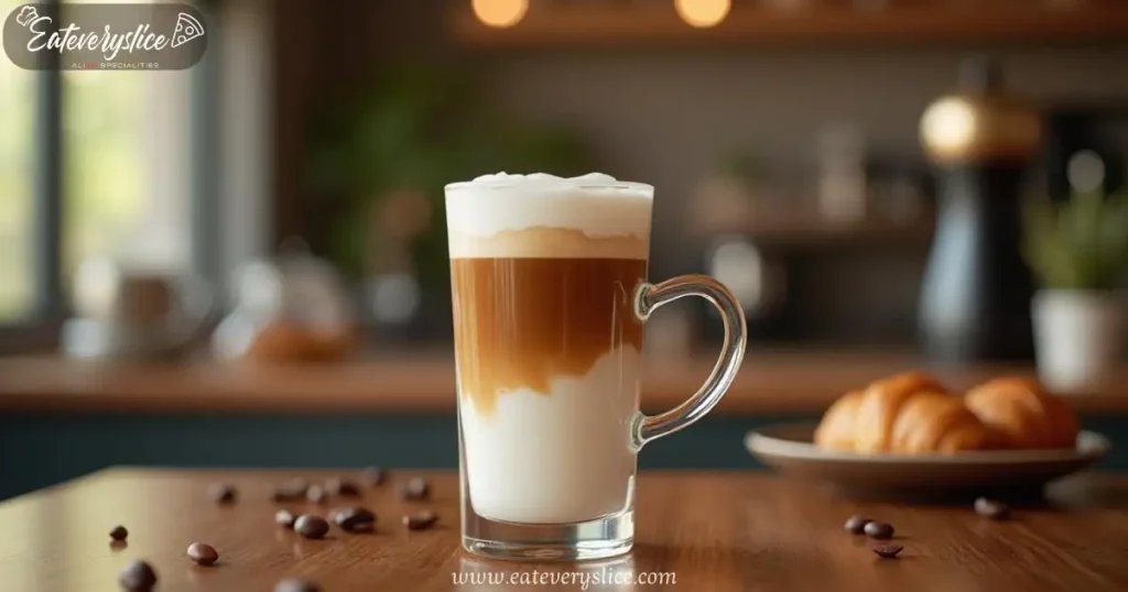 A beautifully layered Latte Macchiato in a clear glass cup, showcasing espresso, steamed milk, and foam, set in a cozy coffee shop with a wooden table and coffee-related props like beans and a croissant.