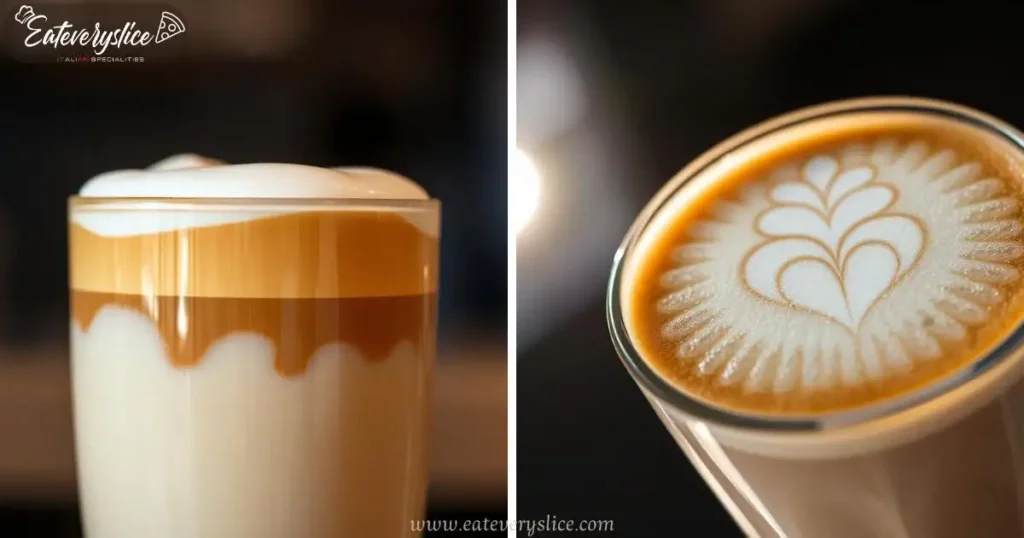 A photocollage of a meticulously crafted Latte Macchiato, showcasing the intricate layering of steamed milk, espresso, and velvety foam, with a close-up view of the barista's artistry and a warm, inviting glow.