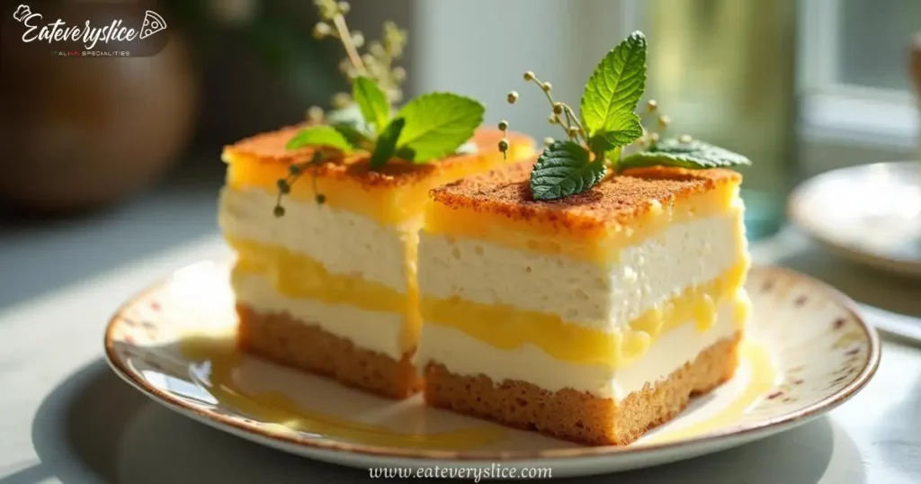 Tiramisu with spongy ladyfingers, creamy mascarpone, lemon curd, limoncello syrup, and fresh mint and lemon thyme sprigs.