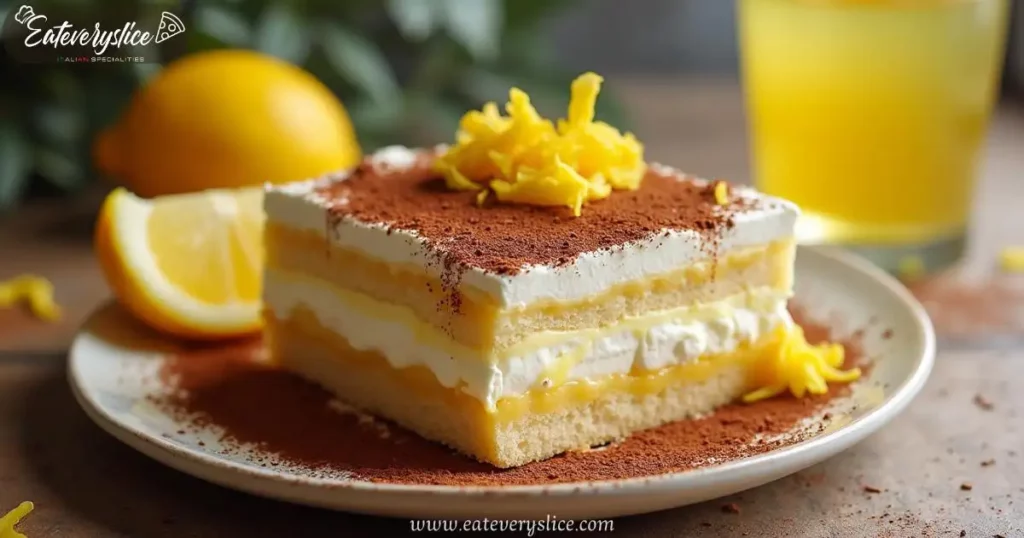 Authentic limoncello tiramisu with mascarpone, ladyfingers, lemon zest, and cocoa powder under natural lighting.