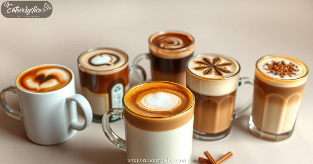 A minimalist arrangement showcasing a variety of macchiato coffee beverages, including a classic espresso macchiato, mocha macchiato with chocolate syrup, vanilla macchiato with cinnamon, and chai macchiato with aromatic spices.