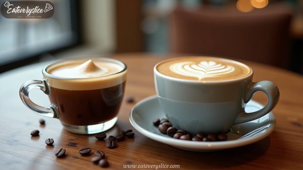 A side-by-side comparison of a macchiato vs cappuccino on a wooden café table, showcasing the difference in foam and milk content.