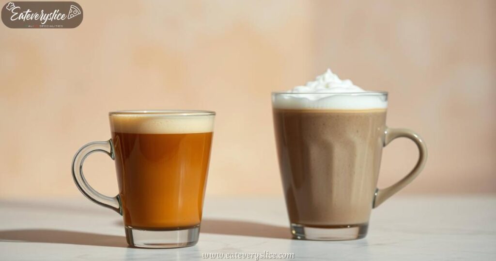 macchiato vs cappuccino - A beautifully lit scene showcasing a macchiato in a clear glass cup with a delicate milk crown and a cappuccino in a ceramic cup with thick, creamy microfoam, highlighting their distinct visual differences.