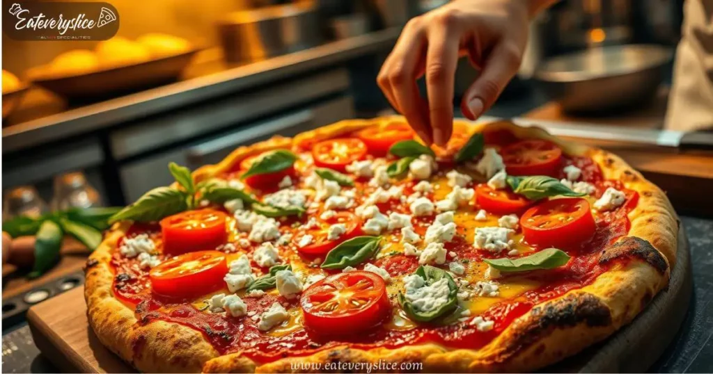 A vibrant Mediterranean pizza with a golden, sun-kissed crust, topped with plump red tomatoes, fresh basil, tangy feta crumbles, and a drizzle of olive oil. A chef’s hands expertly arrange the ingredients in a warm, rustic kitchen setting.