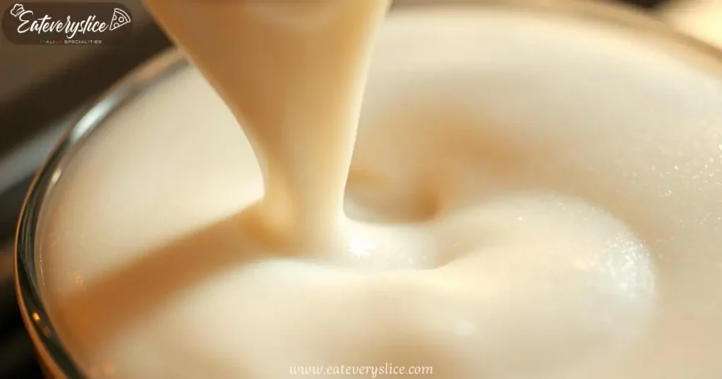 A detailed close-up of milky froth being expertly prepared, showcasing its creamy, foamy texture, shimmering highlights, and delicate steam under warm, diffused lighting.