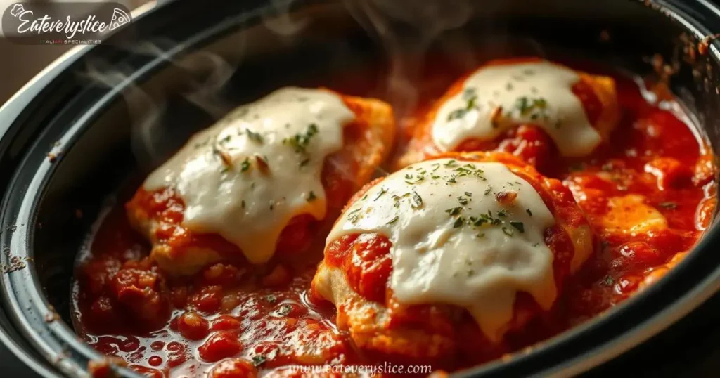 Golden-brown chicken breasts in a crockpot, covered with tomato sauce and melted mozzarella, surrounded by aromatic herbs and garlic.