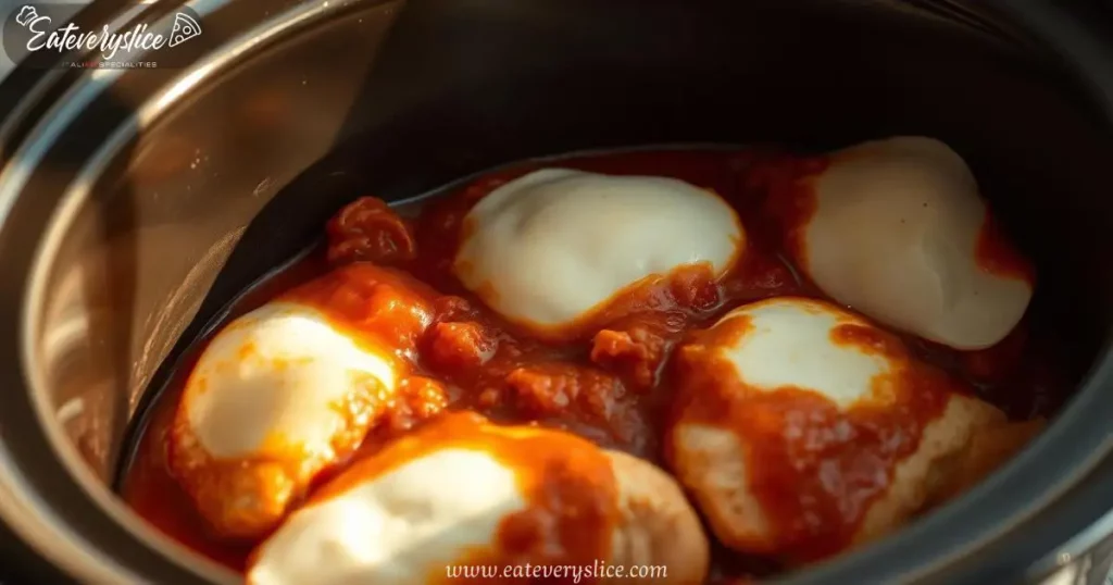 A neatly arranged crockpot filled with tender chicken breasts, melted mozzarella, and tangy tomato sauce, with clear layers visible.