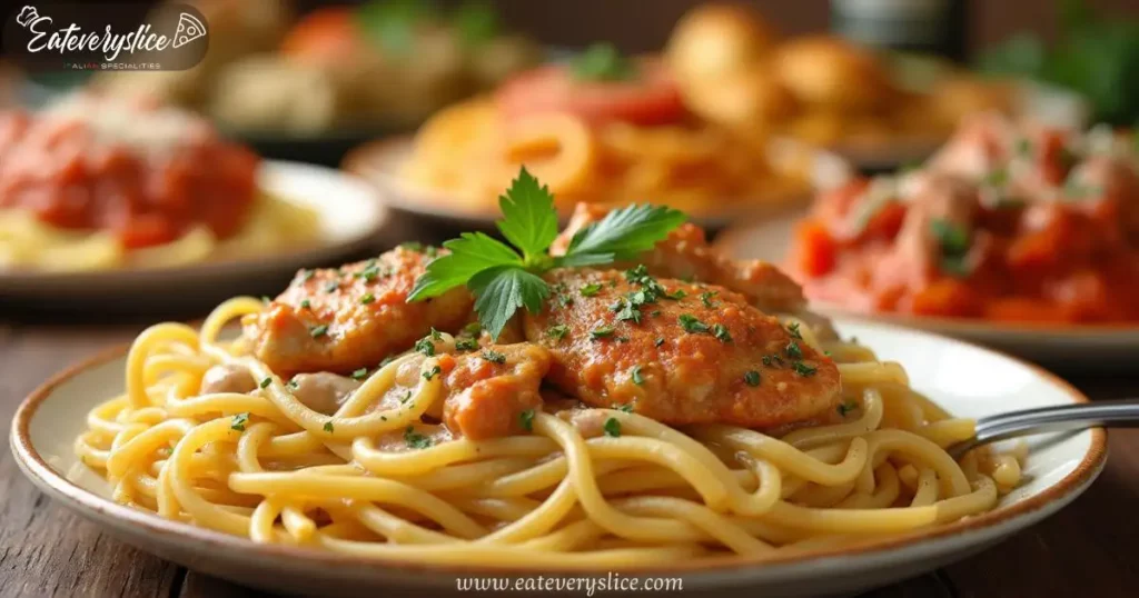 A delicious assortment of pasta recipes with chicken, including creamy chicken Alfredo, spicy chicken arrabbiata, basil pesto chicken penne, and hearty chicken cacciatore with vegetables.