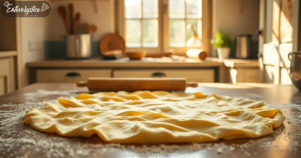 Perfectly rolled crostata pastry dough on a floured surface in a rustic Italian kitchen