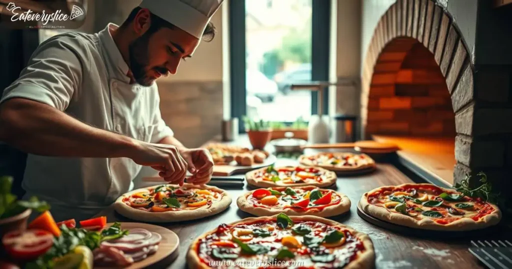 A beautifully lit kitchen scene showcasing a skilled chef carefully arranging toppings on a hand-tossed pizza dough. Surrounding the chef are fresh ingredients like sliced vegetables, fragrant herbs, and premium meats. In the background, perfectly baked pizzas emerge from a rustic brick oven, set against a sunlit window.