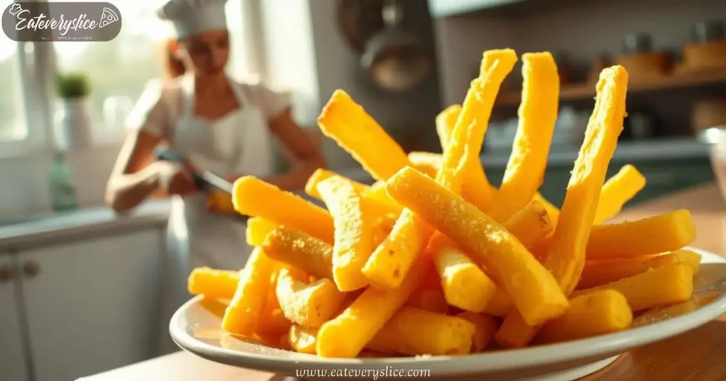 A golden plate of crispy polenta fries, artfully arranged with chunky, irregular-shaped pieces, lightly dusted with cornmeal. In the background, a young female chef in a white apron and hat slices a log of pre-cooked polenta in a bright, airy kitchen.