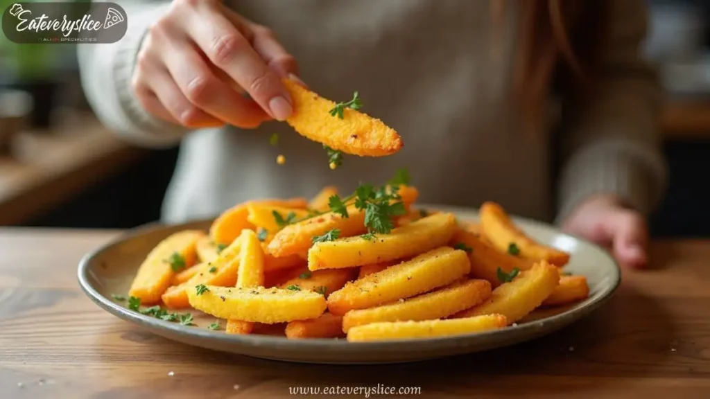 A plate of golden, crispy polenta fries garnished with fresh parsley, served on a wooden table.