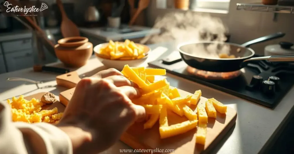 Hands preparing polenta fries on a cutting board with a steaming frying pan in the background, set in a cozy kitchen.