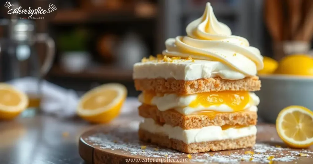 Refreshing limoncello tiramisu with ladyfingers soaked in lemon liqueur, mascarpone cream, and a rustic Italian kitchen backdrop.