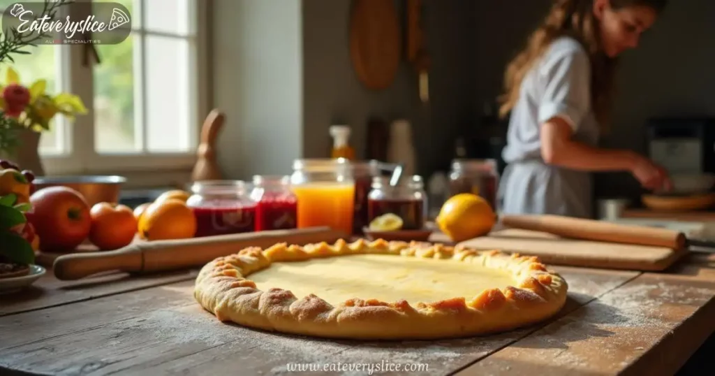 Golden-brown crostata dough, fresh fruits, and fruit preserves on a rustic wooden table, with a woman in an apron preparing the dessert in a cozy Italian kitchen.