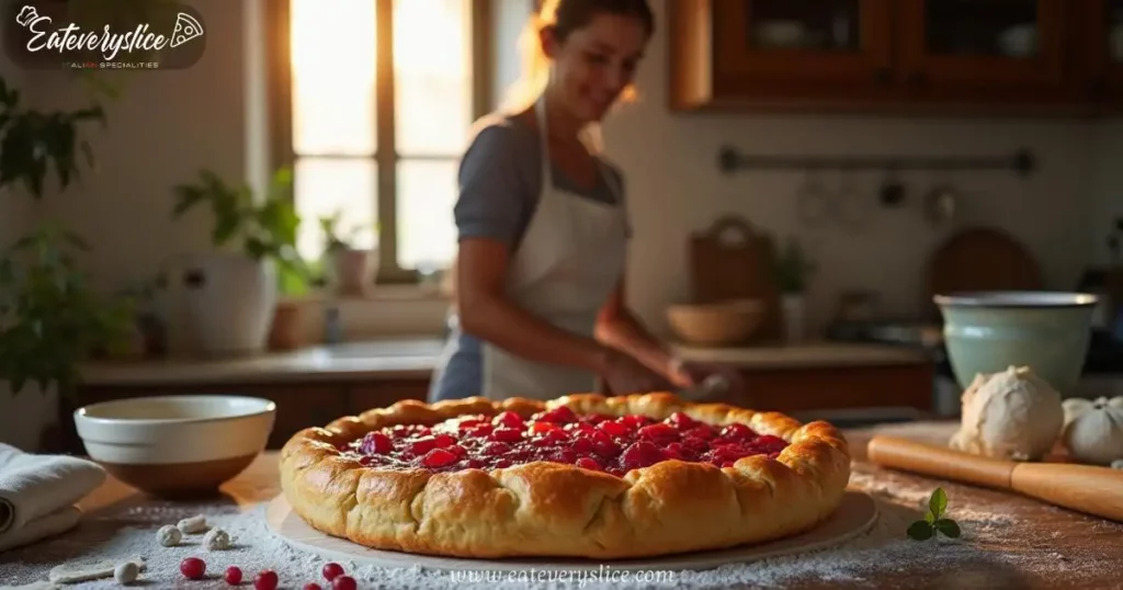 Homemade crostata filled with ruby-red marmellata on a wooden countertop, with a woman in an apron preparing the next steps in a rustic Italian kitchen.