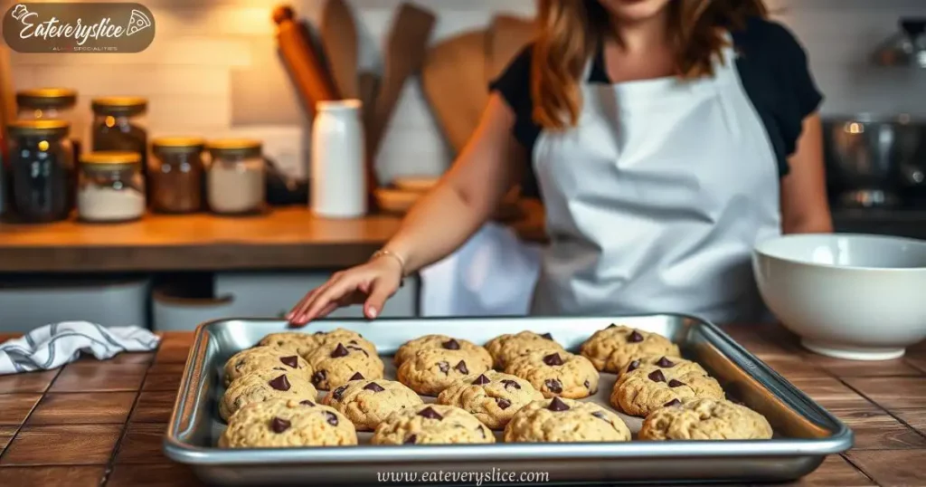 Tray of golden-brown ricotta chocolate chip cookies on a rustic wooden counter, with a woman in a white apron arranging them, surrounded by baking tools and warm lighting.