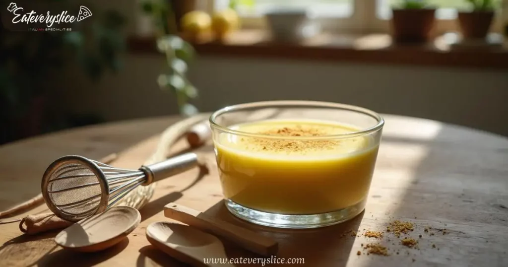 Velvety golden zabaglione in a glass bowl, dusted with nutmeg, resting on a rustic wooden table.