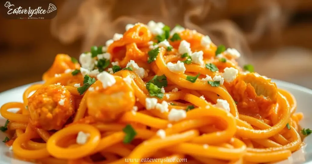 A steaming plate of spicy buffalo chicken pasta, coated in a creamy hot sauce with tangy blue cheese, garnished with parsley and crumbled feta