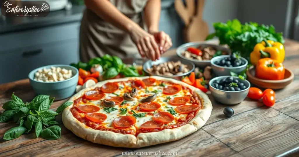 A beautifully arranged selection of top pizza combos on a rustic wooden table, featuring toppings like pepperoni, mushrooms, bell peppers, olives, and fresh basil. A female chef is seen assembling a pizza in the foreground, with warm natural lighting enhancing the inviting atmosphere.