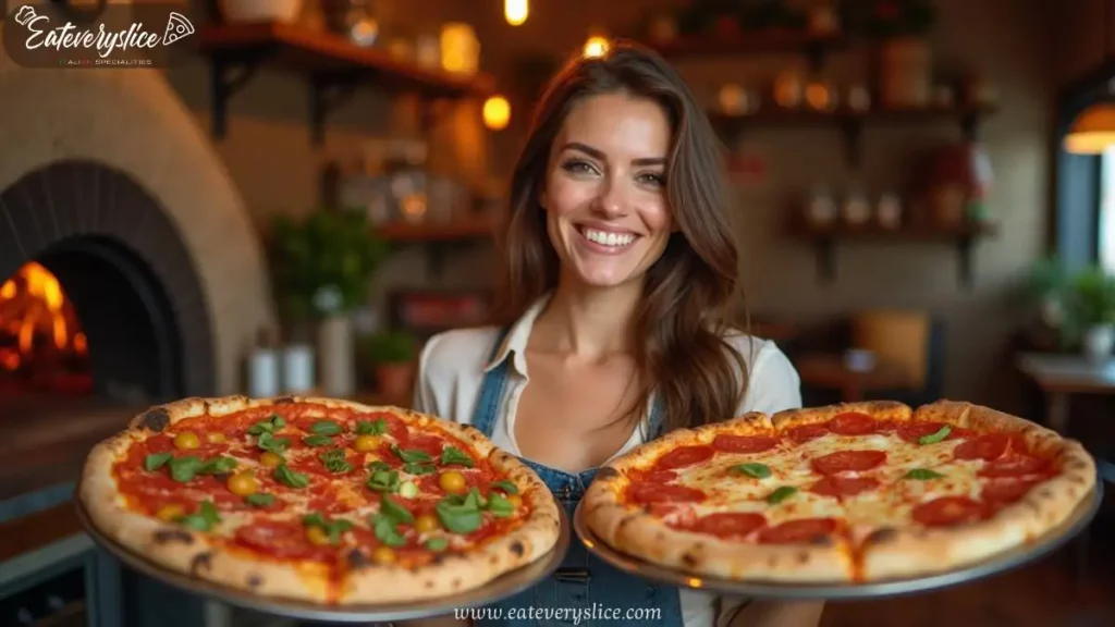 A smiling woman in a cozy Italian pizzeria holding two delicious pizzas—one topped with pepperoni and the other with fresh basil, cherry tomatoes, and spicy salami.