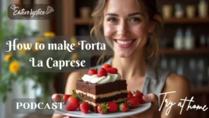 A rich and flourless Italian Torta Caprese chocolate cake, dusted with powdered sugar, featured on the Eat Every Slice podcast.