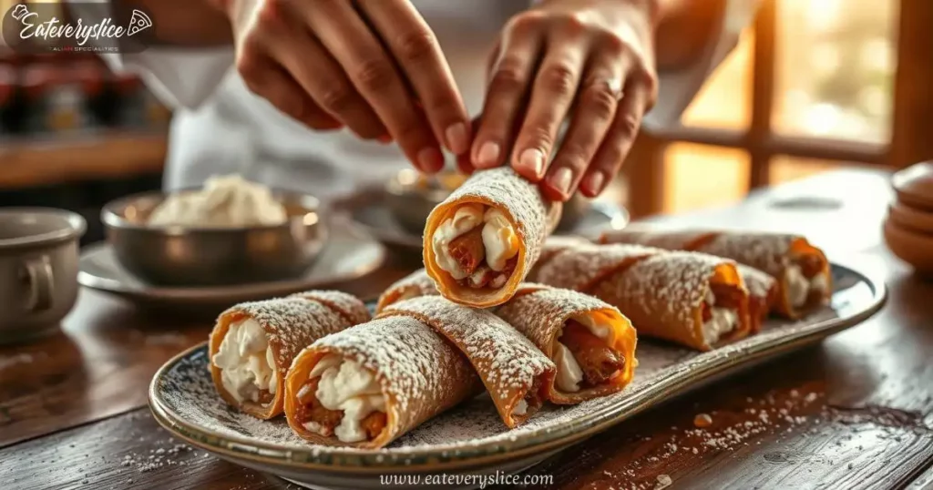 Traditional Sicilian cannoli with creamy ricotta filling, dusted with powdered sugar, elegantly plated on a rustic wooden table with warm Mediterranean sunlight.