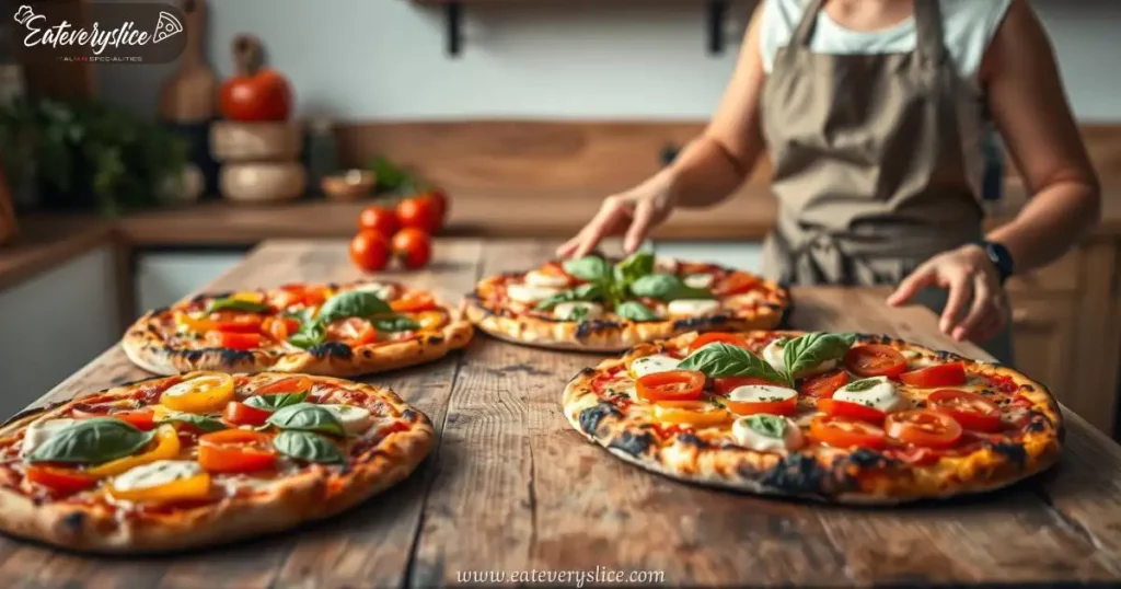 A mouth-watering display of vegetarian pizza combinations on a rustic wooden table, topped with fresh bell peppers, juicy tomatoes, creamy mozzarella, and fragrant basil. A chef in an apron carefully arranges toppings, while a cozy kitchen setting with warm lighting enhances the inviting atmosphere.