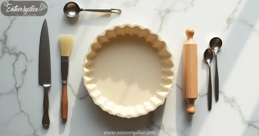 Assortment of baking tools for crafting the perfect crostada: rolling pin, knife, pastry brush, tart pan, dough scraper, and measuring cups in a warm, diffused light.