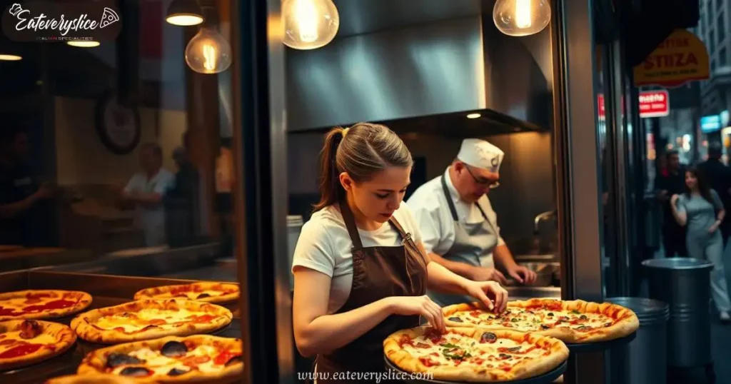 A cozy pizza parlor in Chicago with a display of freshly baked deep-dish pizzas, a young chef assembling a pie, and a seasoned chef overseeing the kitchen.