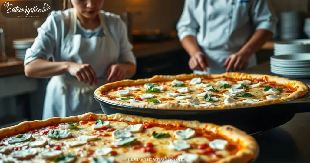 A deep-dish Chicago pizza with golden, crispy crust, topped with gooey mozzarella, creamy ricotta, and fresh basil, as a chef carefully arranges the toppings.