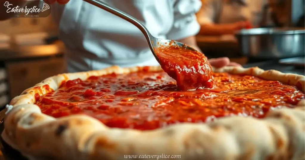 A chef spreads rich tomato sauce over a freshly baked deep-dish Chicago pizza crust, highlighting its golden, flaky texture.