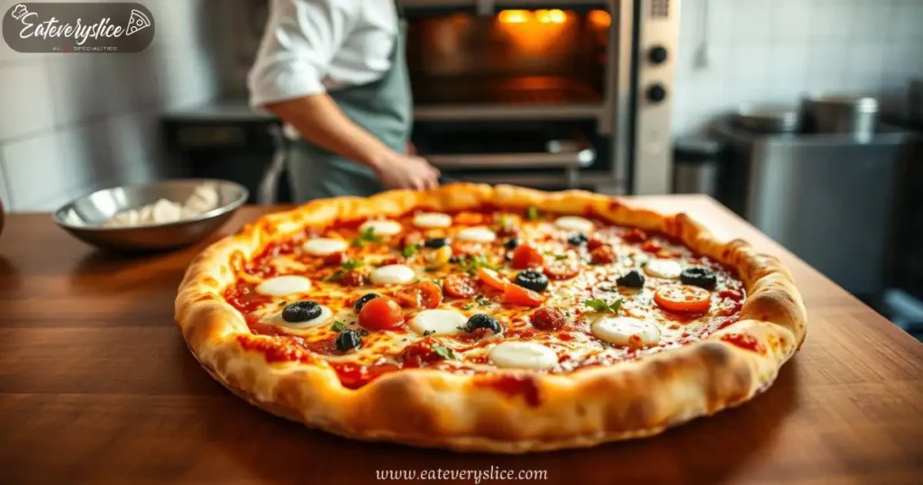 A chef carefully prepares a deep-dish Chicago pizza, layering a golden crust with rich tomato sauce, gooey mozzarella, and vibrant toppings, ready for baking.