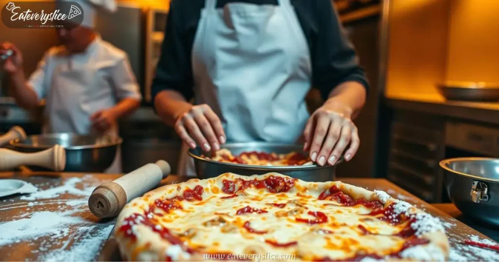 A woman carefully assembles a deep-dish Chicago-style pizza, pressing the dough into a pan on a flour-dusted countertop, with a chef observing in the background.