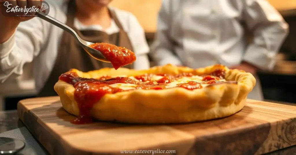 A homemade Chicago-style deep-dish pizza with a crisp golden-brown crust, rich tomato sauce, and melted mozzarella cheese, prepared by a chef in a warm, inviting kitchen.