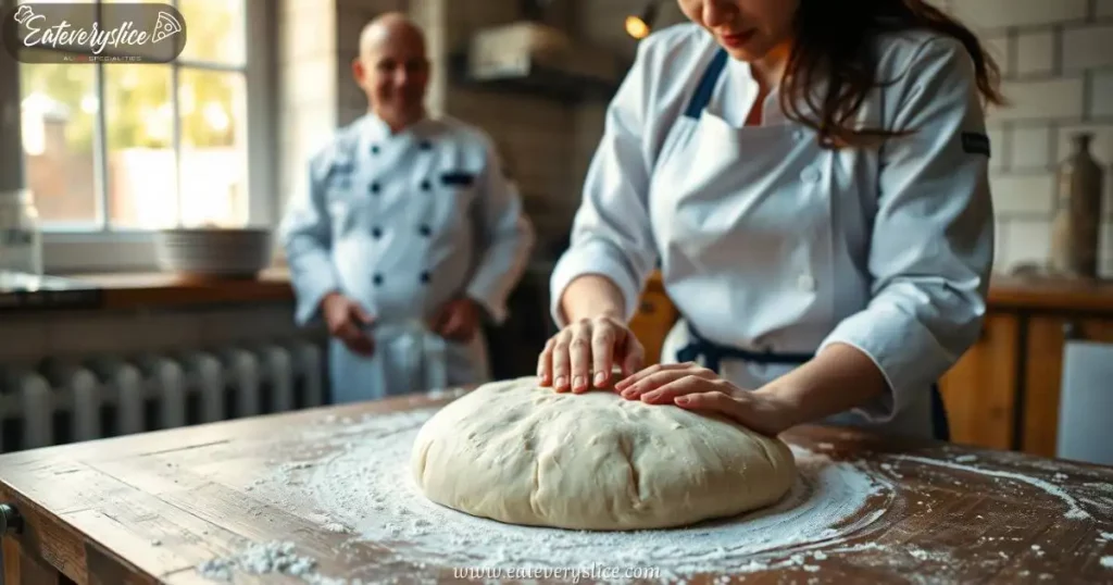 Freshly kneaded Chicago-style pizza dough on a flour-dusted wooden table, with a chef shaping the soft, yeast-risen dough under warm natural light.