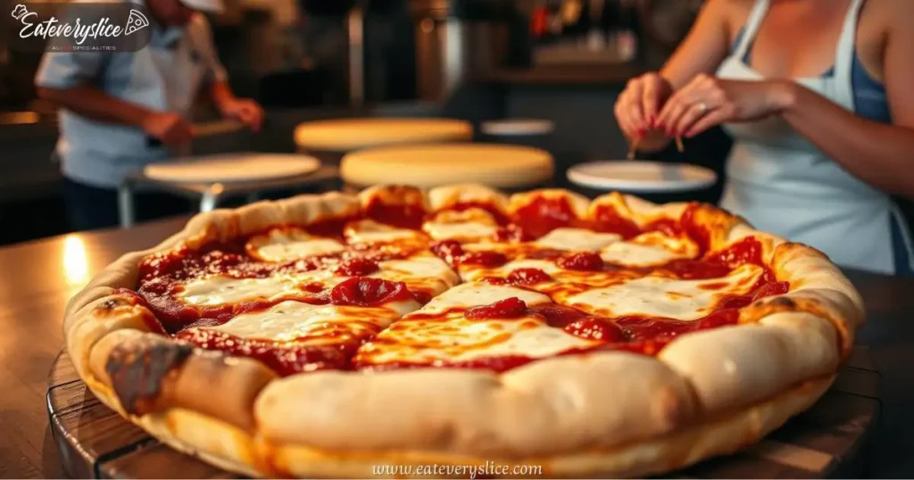 A perfectly baked Chicago deep-dish pizza with a buttery, flaky crust, rich tomato sauce, and melted mozzarella cheese, ready to be enjoyed.