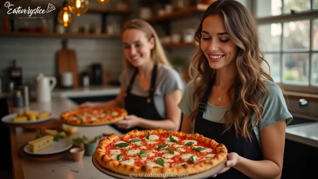 Freshly baked Chicago-style pizza with golden crust, rich tomato sauce, melted cheese, and fresh basil, served in a cozy kitchen.