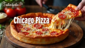 Close-up of a cheesy Chicago deep-dish pizza with a golden crust, topped with pepperoni and melted mozzarella cheese stretching as a slice is lifted.