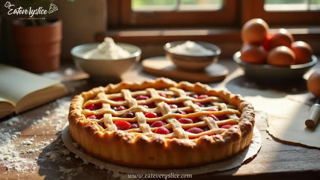 Freshly baked crostada with a golden, flaky crust and vibrant fruit filling, surrounded by baking ingredients in a warm kitchen setting.