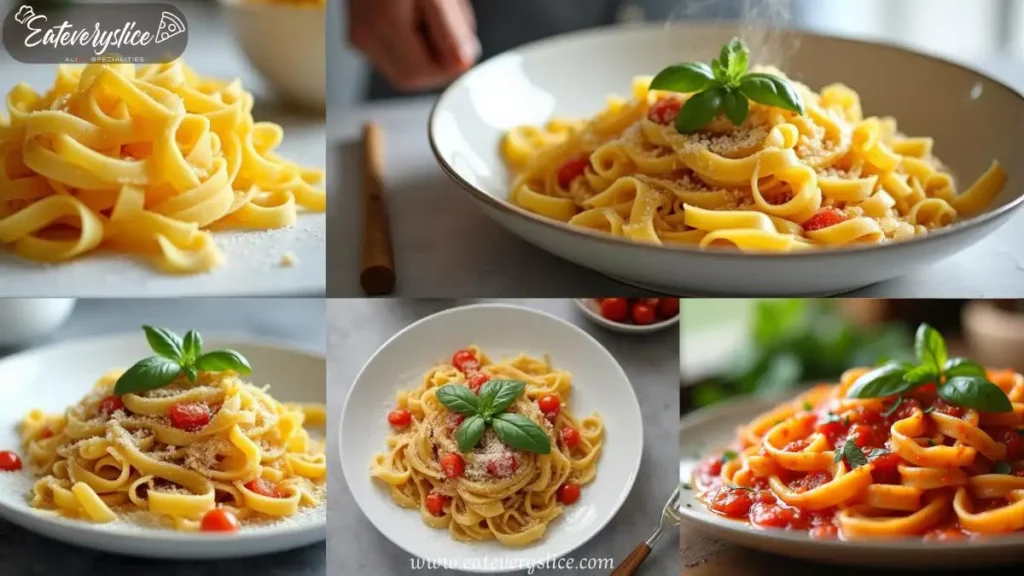 Photo collage showing the steps of preparing mafalda pasta in a modern kitchen, from uncooked pasta to the finished dish served with fresh ingredients