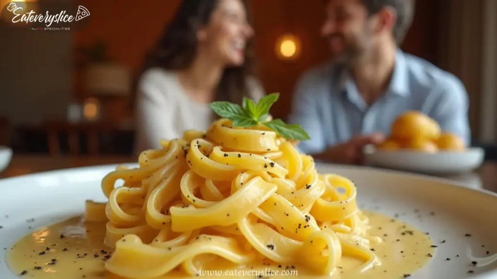 Mafaldine Cacio e Pepe - Modern Mafaldine Cacio e Pepe with creamy sauce, freshly cracked black pepper, set on a sleek table with happy people in the background, in a minimalist setting.