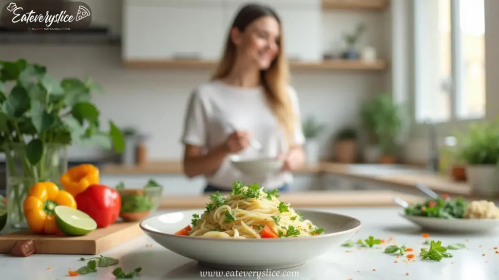 A beautifully plated serving of shirataki noodles with fresh herbs and vegetables in a modern kitchen, highlighting their zero-calorie, healthy nature