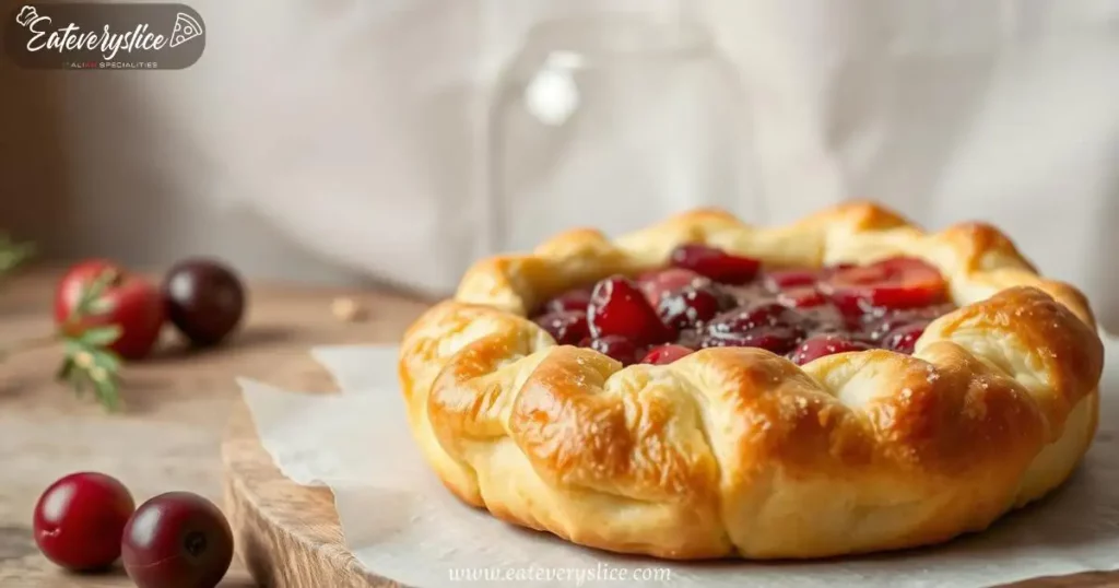 Golden, flaky crostada filled with a jammy fruit compote, beautifully presented in a rustic and minimalist kitchen setting