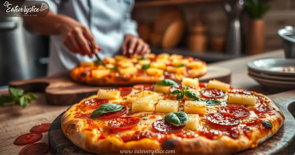 A freshly baked Hawaiian pizza with a golden crust, gooey melted cheese, and vibrant pineapple slices, being carefully arranged by a skilled chef. The pizza sits on a rustic wooden board, surrounded by fresh basil leaves and savory pepperoni. In the background, a chef in a white uniform watches over the preparation with pride, in a cozy, warmly lit kitchen.