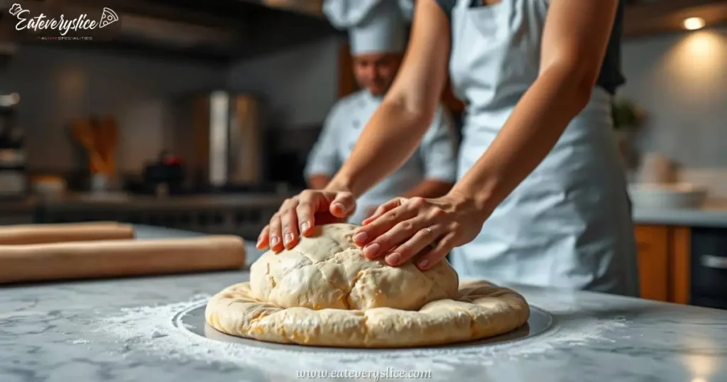 A woman or chef in the foreground carefully shaping and stretching a ball of fresh pizza dough on a well-lit kitchen countertop. In the background, a professional chef in a white apron and toque observes attentively, ready to offer guidance. The warm lighting and soft shadows create a cozy and inviting atmosphere, setting the stage for a delicious homemade Hawaiian pizza.